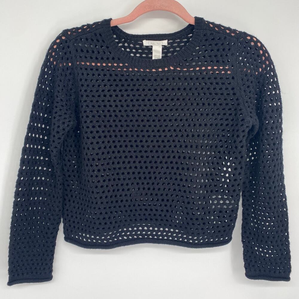 Full Tilt Sweater Large Black Open Knit Fall Whimsigoth Cropped Crochet Vampire‎